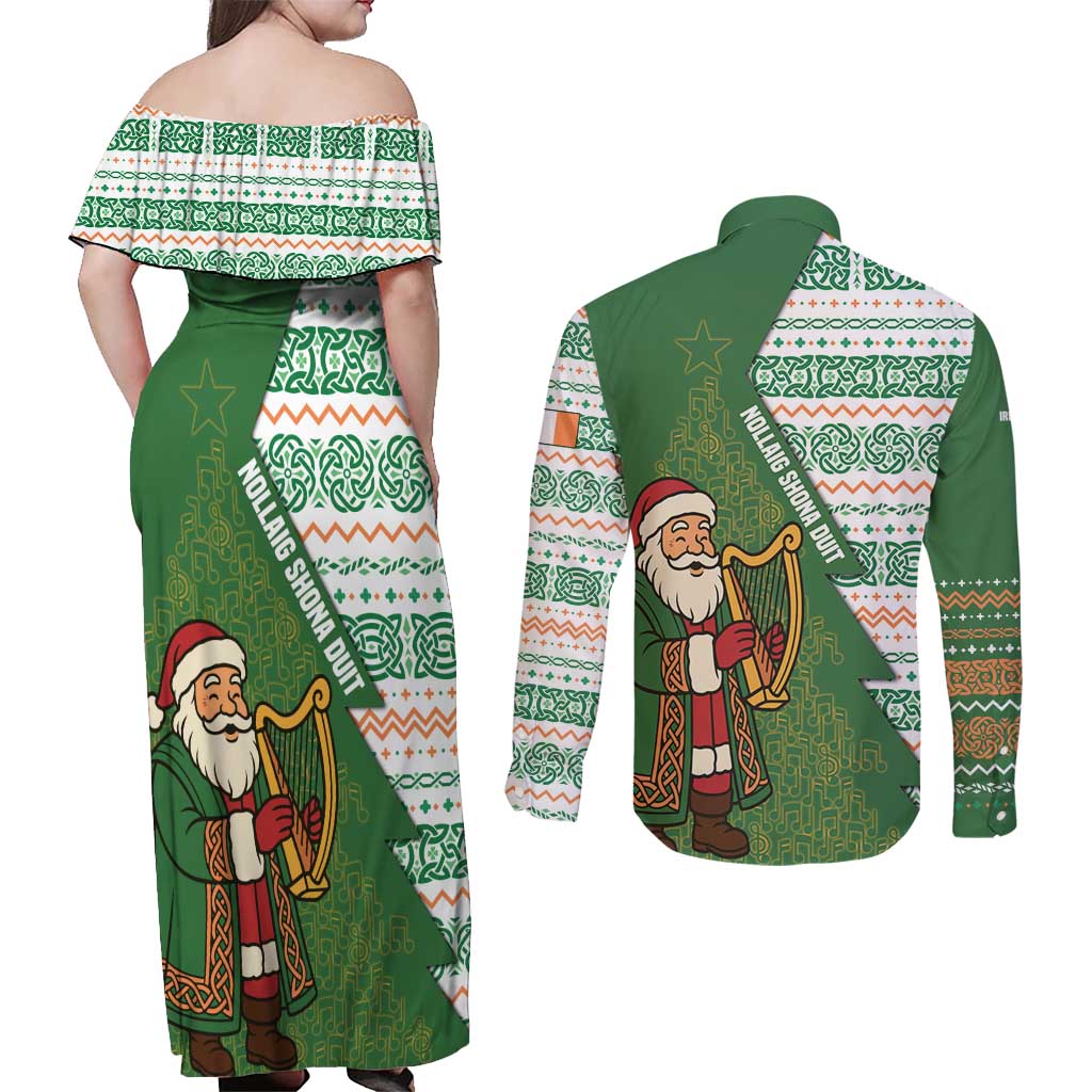 Ireland Christmas Couples Matching Off Shoulder Maxi Dress and Long Sleeve Button Shirt with Celtic Harp Santa and Green Holiday Pattern - Wonder Print Shop