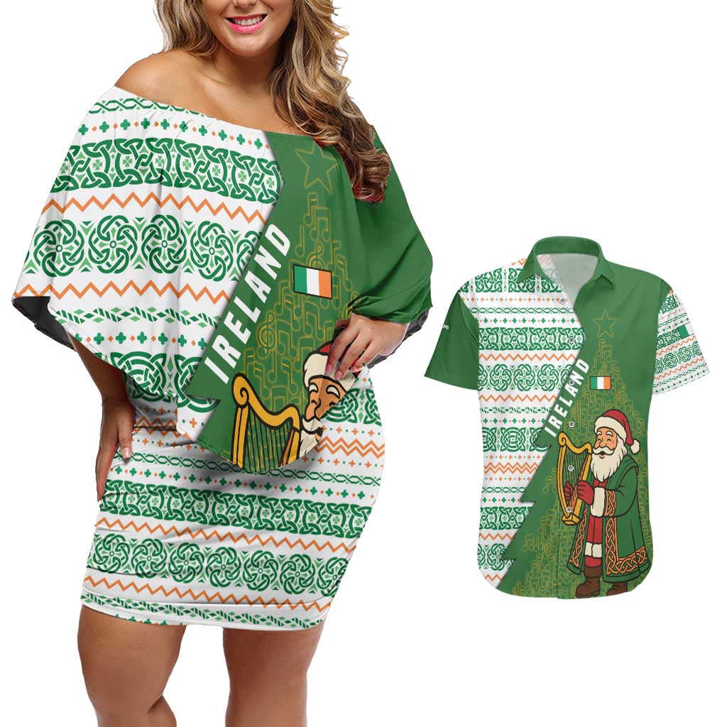 Ireland Christmas Couples Matching Off Shoulder Short Dress and Hawaiian Shirt with Celtic Harp Santa and Green Holiday Pattern - Wonder Print Shop