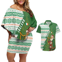Ireland Christmas Couples Matching Off Shoulder Short Dress and Hawaiian Shirt with Celtic Harp Santa and Green Holiday Pattern - Wonder Print Shop