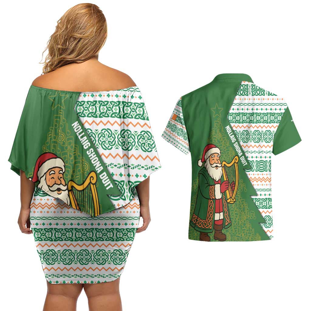 Ireland Christmas Couples Matching Off Shoulder Short Dress and Hawaiian Shirt with Celtic Harp Santa and Green Holiday Pattern - Wonder Print Shop