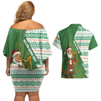 Ireland Christmas Couples Matching Off Shoulder Short Dress and Hawaiian Shirt with Celtic Harp Santa and Green Holiday Pattern - Wonder Print Shop