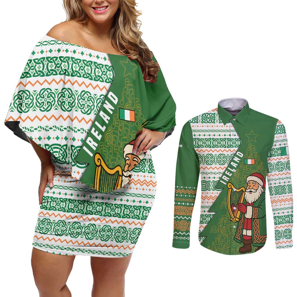 Ireland Christmas Couples Matching Off Shoulder Short Dress and Long Sleeve Button Shirt with Celtic Harp Santa and Green Holiday Pattern - Wonder Print Shop