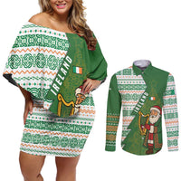 Ireland Christmas Couples Matching Off Shoulder Short Dress and Long Sleeve Button Shirt with Celtic Harp Santa and Green Holiday Pattern - Wonder Print Shop