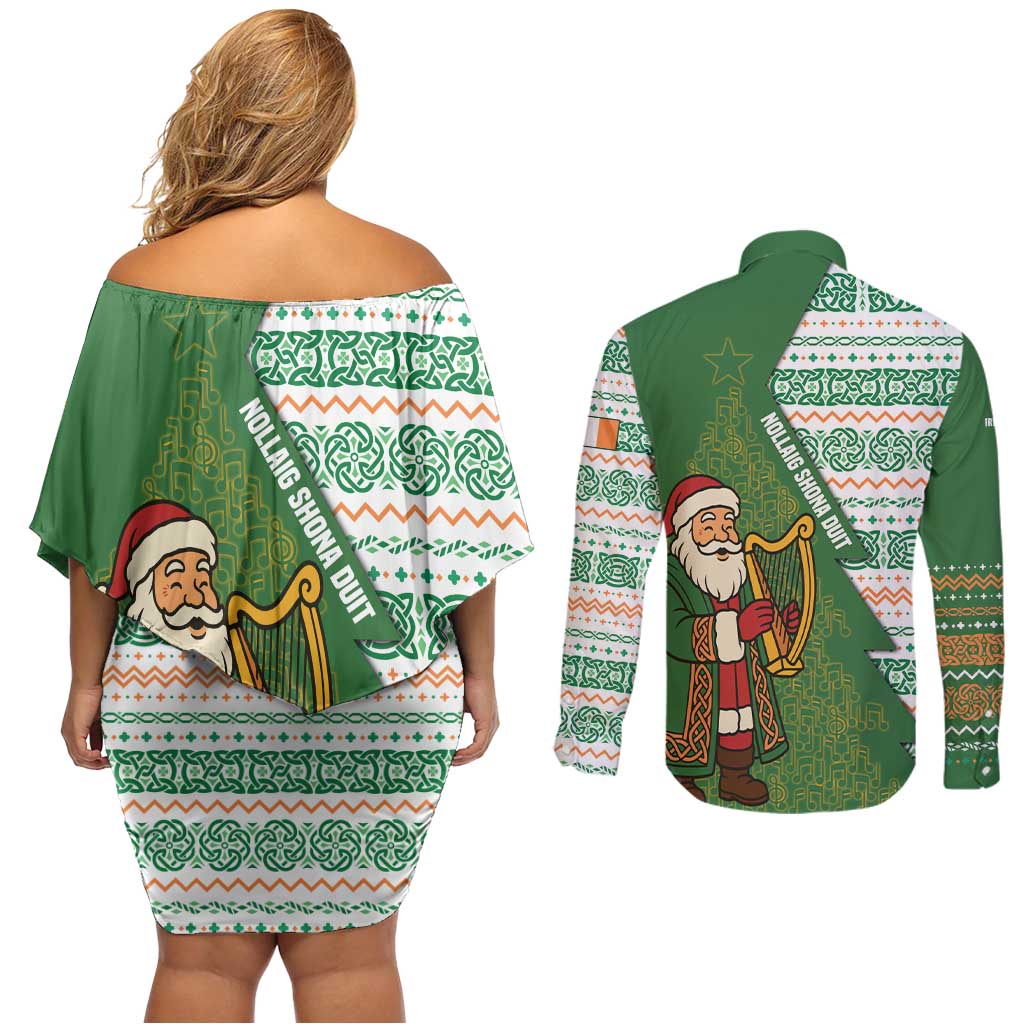 Ireland Christmas Couples Matching Off Shoulder Short Dress and Long Sleeve Button Shirt with Celtic Harp Santa and Green Holiday Pattern - Wonder Print Shop