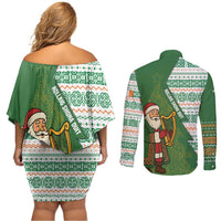 Ireland Christmas Couples Matching Off Shoulder Short Dress and Long Sleeve Button Shirt with Celtic Harp Santa and Green Holiday Pattern - Wonder Print Shop