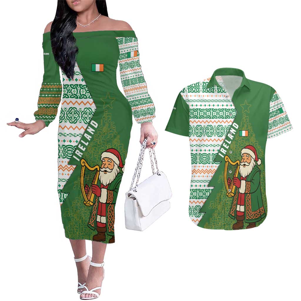 Ireland Christmas Couples Matching Off The Shoulder Long Sleeve Dress and Hawaiian Shirt with Celtic Harp Santa and Green Holiday Pattern - Wonder Print Shop