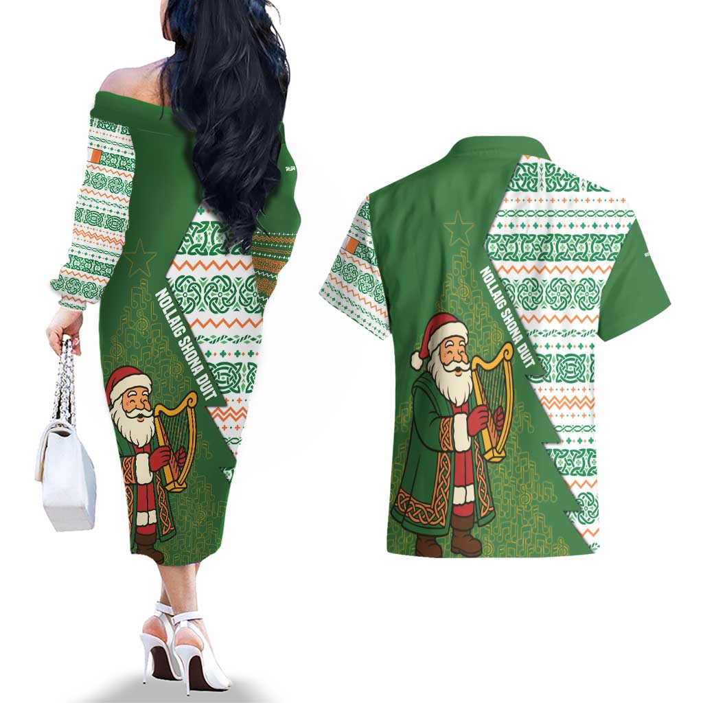 Ireland Christmas Couples Matching Off The Shoulder Long Sleeve Dress and Hawaiian Shirt with Celtic Harp Santa and Green Holiday Pattern - Wonder Print Shop