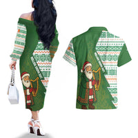 Ireland Christmas Couples Matching Off The Shoulder Long Sleeve Dress and Hawaiian Shirt with Celtic Harp Santa and Green Holiday Pattern - Wonder Print Shop