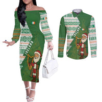 Ireland Christmas Couples Matching Off The Shoulder Long Sleeve Dress and Long Sleeve Button Shirt with Celtic Harp Santa and Green Holiday Pattern - Wonder Print Shop