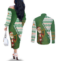 Ireland Christmas Couples Matching Off The Shoulder Long Sleeve Dress and Long Sleeve Button Shirt with Celtic Harp Santa and Green Holiday Pattern - Wonder Print Shop