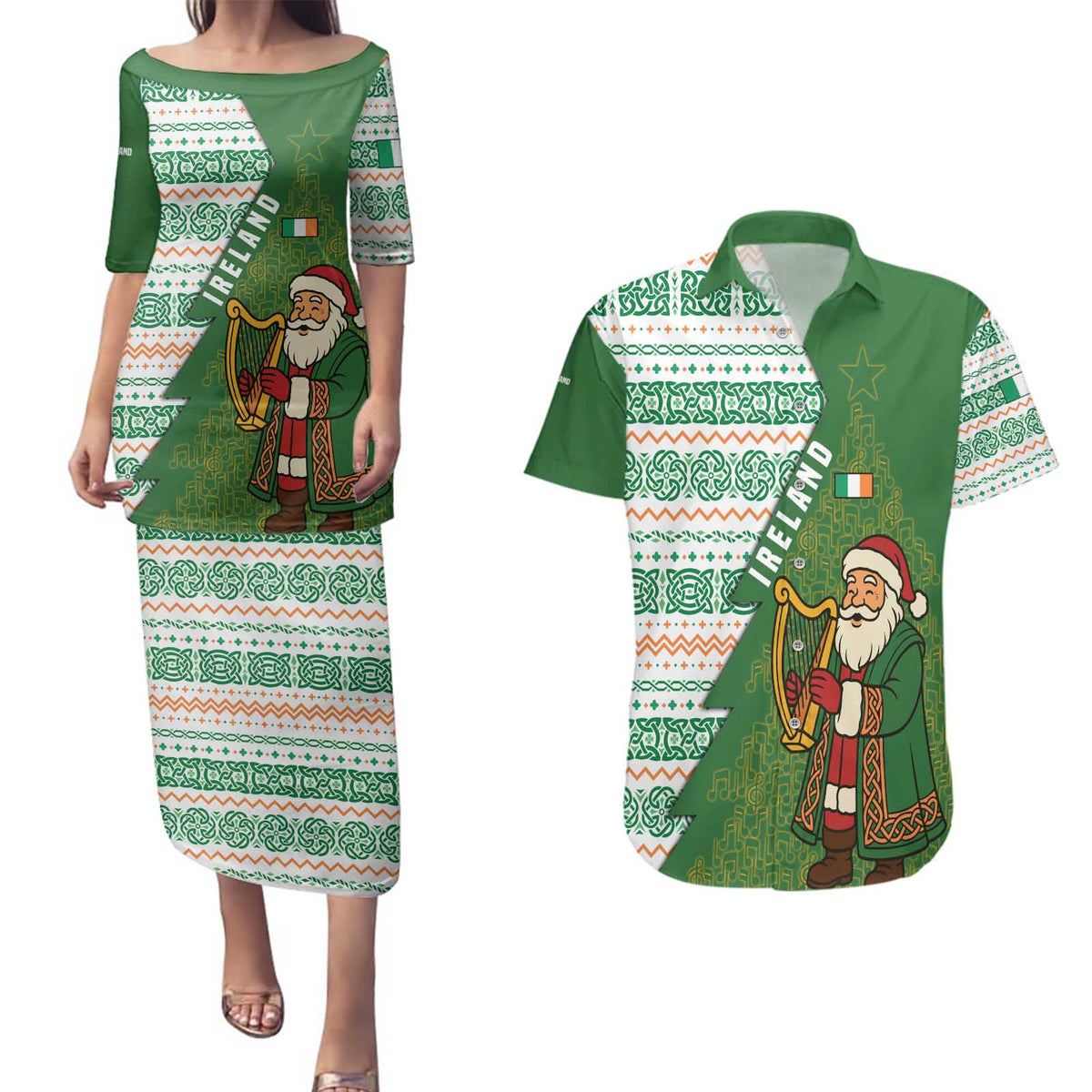 Ireland Christmas Couples Matching Puletasi and Hawaiian Shirt with Celtic Harp Santa and Green Holiday Pattern - Wonder Print Shop