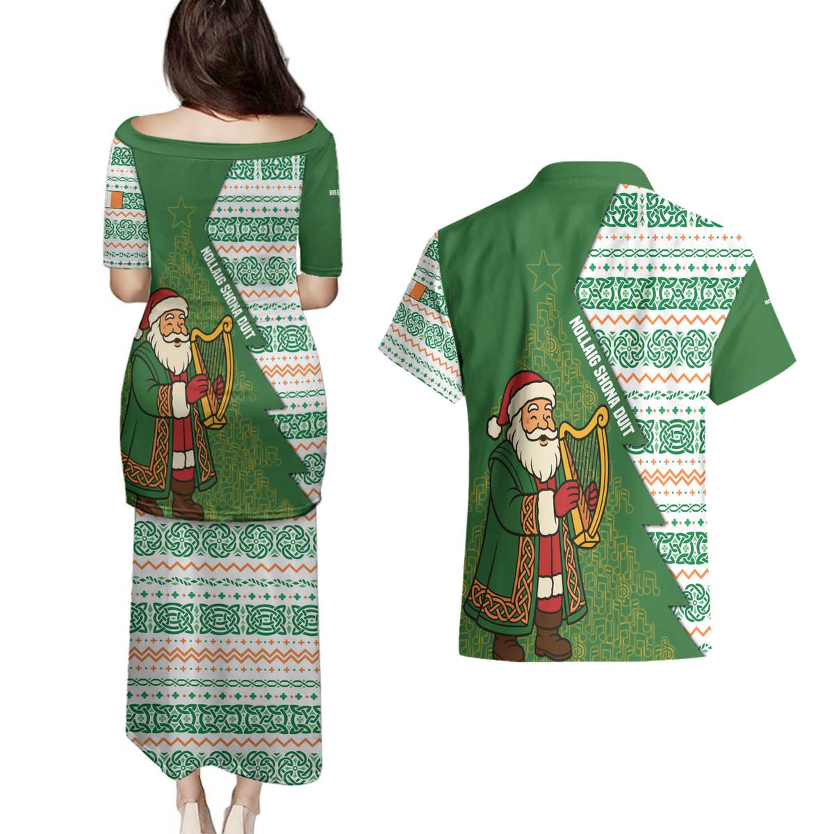 Ireland Christmas Couples Matching Puletasi and Hawaiian Shirt with Celtic Harp Santa and Green Holiday Pattern - Wonder Print Shop