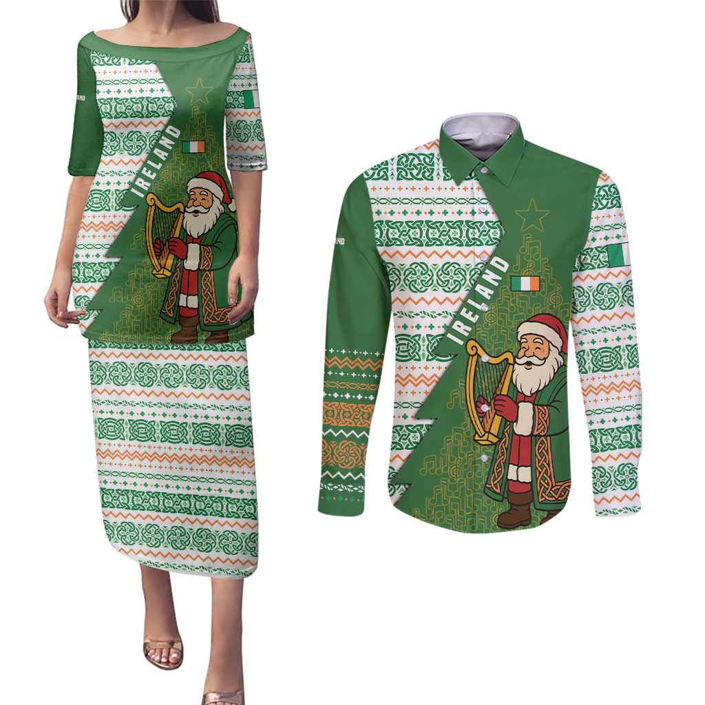 Ireland Christmas Couples Matching Puletasi and Long Sleeve Button Shirt with Celtic Harp Santa and Green Holiday Pattern - Wonder Print Shop