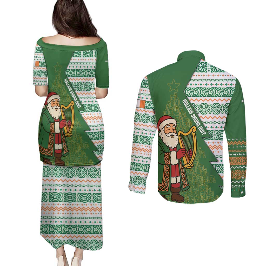 Ireland Christmas Couples Matching Puletasi and Long Sleeve Button Shirt with Celtic Harp Santa and Green Holiday Pattern - Wonder Print Shop