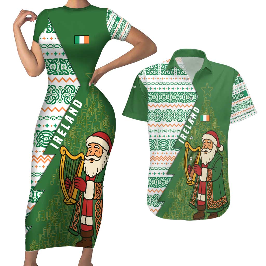 Ireland Christmas Couples Matching Short Sleeve Bodycon Dress and Hawaiian Shirt with Celtic Harp Santa and Green Holiday Pattern - Wonder Print Shop