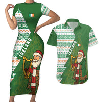 Ireland Christmas Couples Matching Short Sleeve Bodycon Dress and Hawaiian Shirt with Celtic Harp Santa and Green Holiday Pattern - Wonder Print Shop