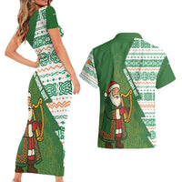 Ireland Christmas Couples Matching Short Sleeve Bodycon Dress and Hawaiian Shirt with Celtic Harp Santa and Green Holiday Pattern - Wonder Print Shop