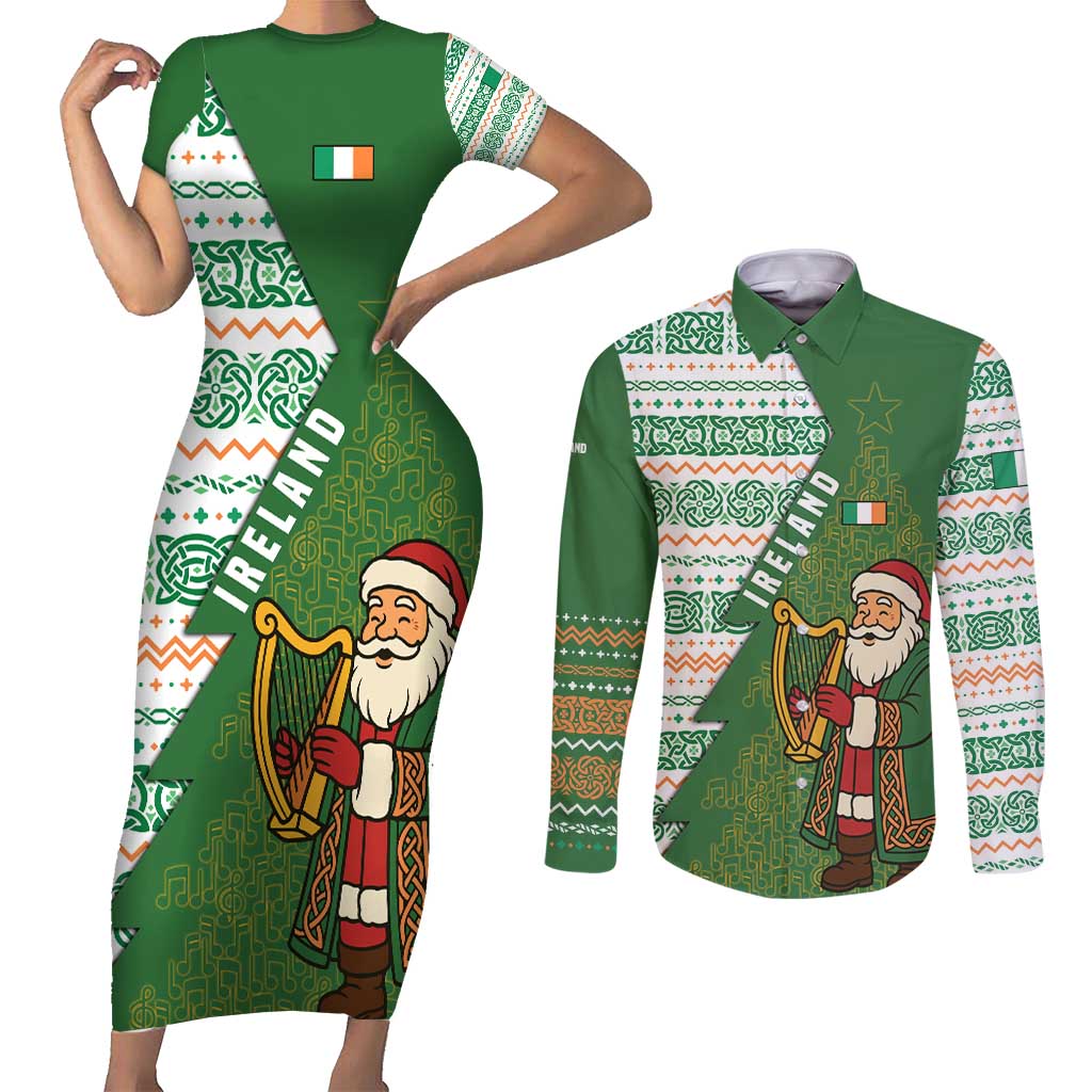 Ireland Christmas Couples Matching Short Sleeve Bodycon Dress and Long Sleeve Button Shirt with Celtic Harp Santa and Green Holiday Pattern - Wonder Print Shop