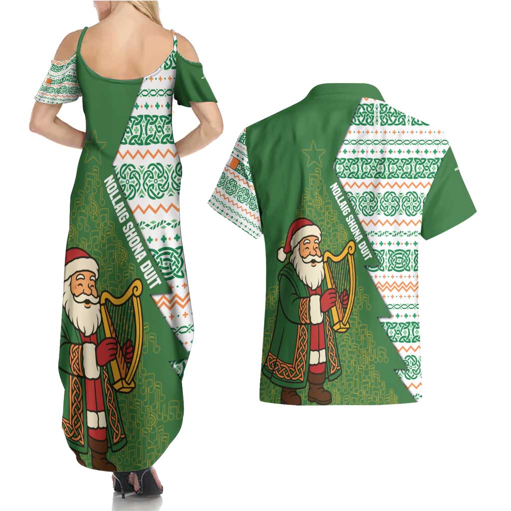Ireland Christmas Couples Matching Summer Maxi Dress and Hawaiian Shirt with Celtic Harp Santa and Green Holiday Pattern - Wonder Print Shop