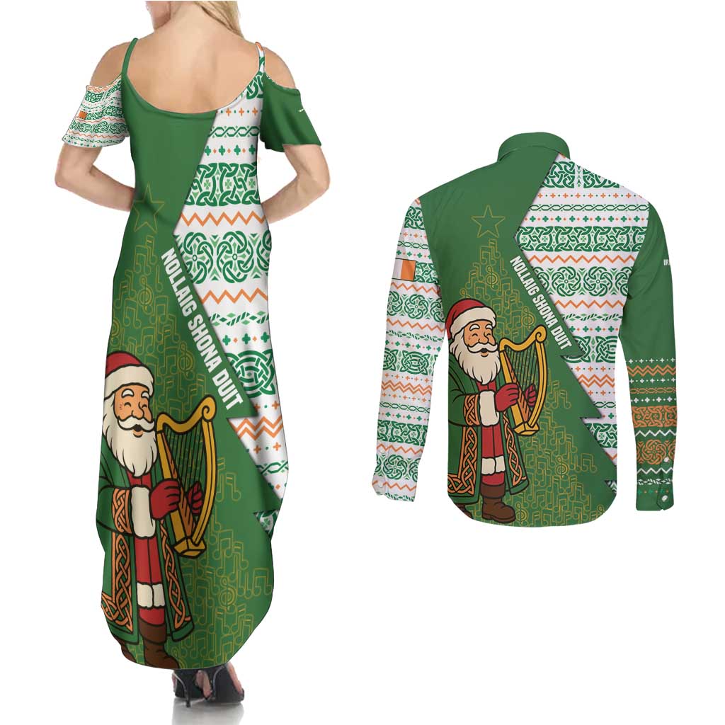 Ireland Christmas Couples Matching Summer Maxi Dress and Long Sleeve Button Shirt with Celtic Harp Santa and Green Holiday Pattern - Wonder Print Shop