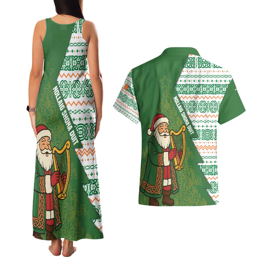 Ireland Christmas Couples Matching Tank Maxi Dress and Hawaiian Shirt with Celtic Harp Santa and Green Holiday Pattern - Wonder Print Shop