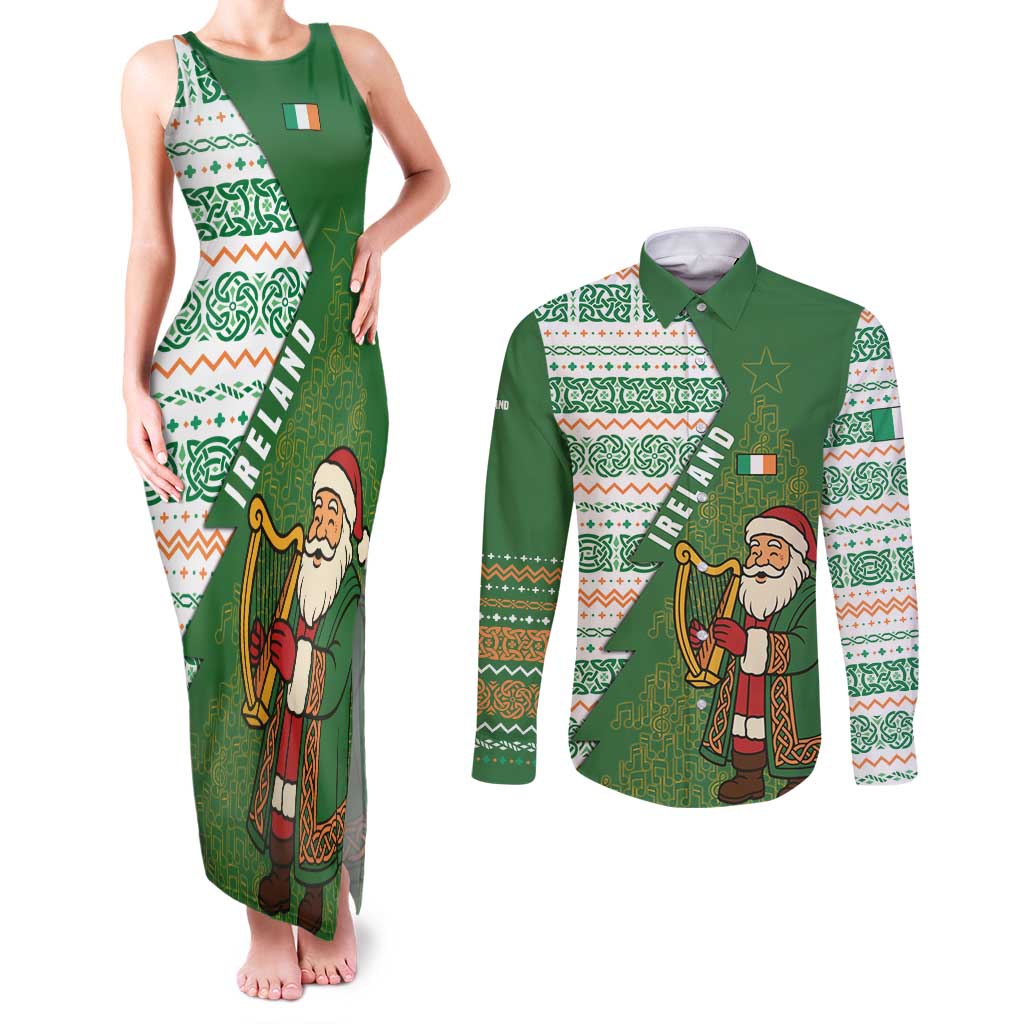 Ireland Christmas Couples Matching Tank Maxi Dress and Long Sleeve Button Shirt with Celtic Harp Santa and Green Holiday Pattern - Wonder Print Shop