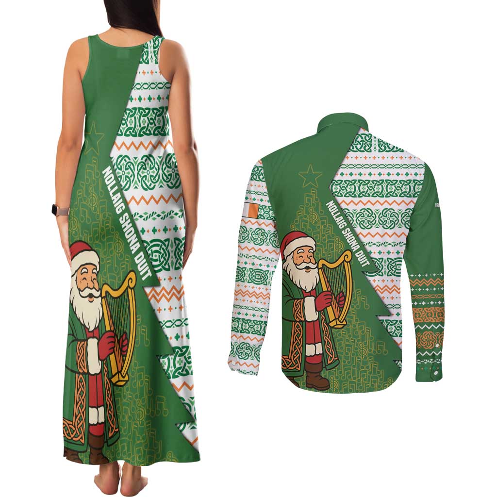 Ireland Christmas Couples Matching Tank Maxi Dress and Long Sleeve Button Shirt with Celtic Harp Santa and Green Holiday Pattern - Wonder Print Shop