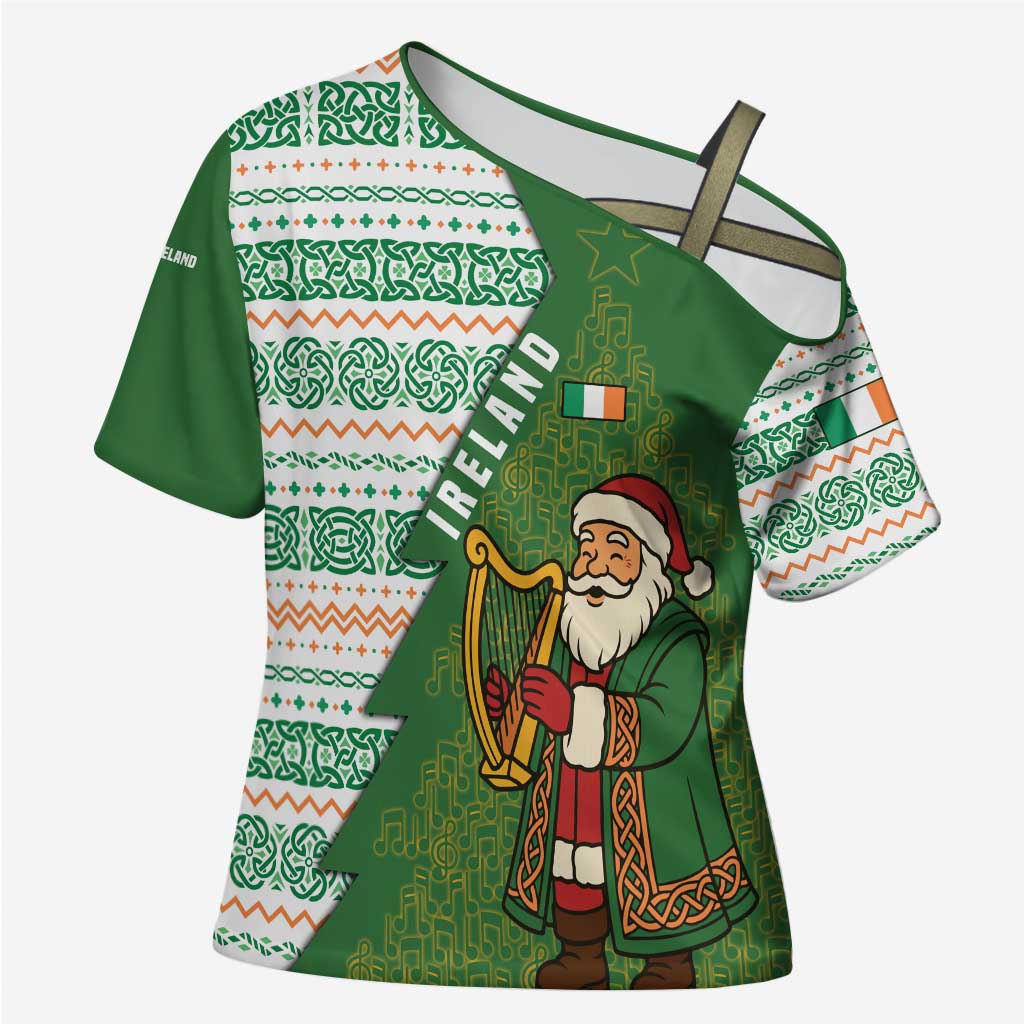 Ireland Christmas Cross Shoulder Shirt with Celtic Harp Santa and Green Holiday Pattern - Wonder Print Shop