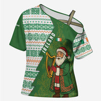 Ireland Christmas Cross Shoulder Shirt with Celtic Harp Santa and Green Holiday Pattern - Wonder Print Shop