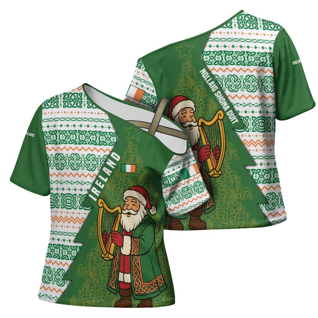 Ireland Christmas Cross Shoulder Shirt with Celtic Harp Santa and Green Holiday Pattern - Wonder Print Shop