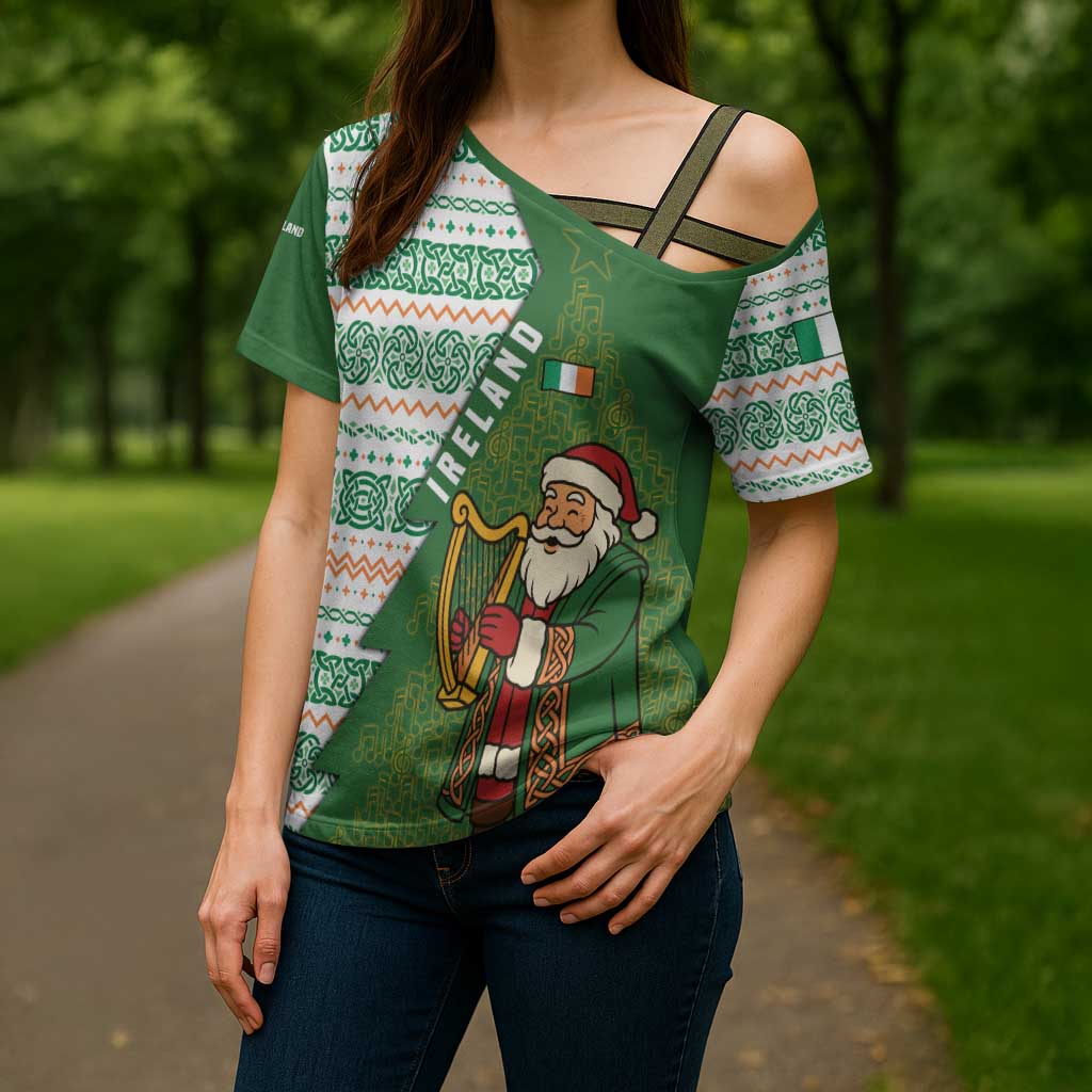 Ireland Christmas Cross Shoulder Shirt with Celtic Harp Santa and Green Holiday Pattern - Wonder Print Shop