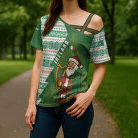 Ireland Christmas Cross Shoulder Shirt with Celtic Harp Santa and Green Holiday Pattern - Wonder Print Shop