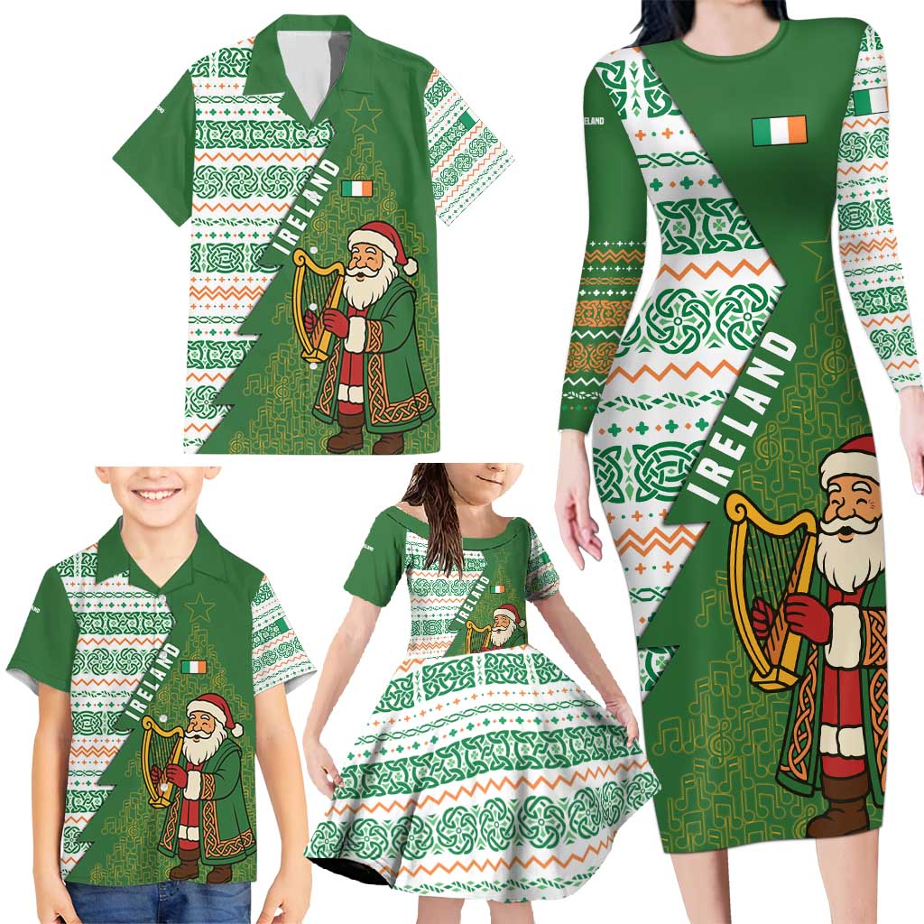 Ireland Christmas Family Matching Long Sleeve Bodycon Dress and Hawaiian Shirt with Celtic Harp Santa and Green Holiday Pattern - Wonder Print Shop