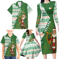 Ireland Christmas Family Matching Long Sleeve Bodycon Dress and Hawaiian Shirt with Celtic Harp Santa and Green Holiday Pattern - Wonder Print Shop