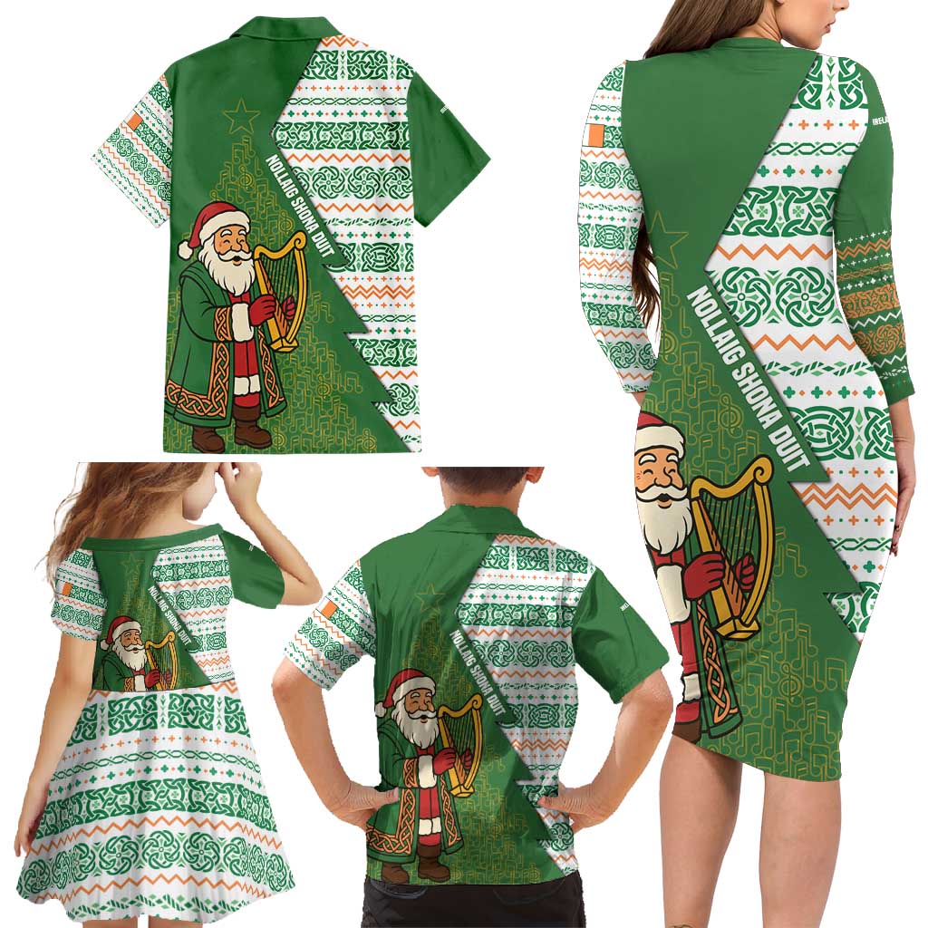 Ireland Christmas Family Matching Long Sleeve Bodycon Dress and Hawaiian Shirt with Celtic Harp Santa and Green Holiday Pattern - Wonder Print Shop