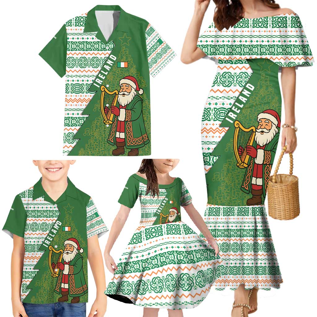 Ireland Christmas Family Matching Mermaid Dress and Hawaiian Shirt with Celtic Harp Santa and Green Holiday Pattern - Wonder Print Shop