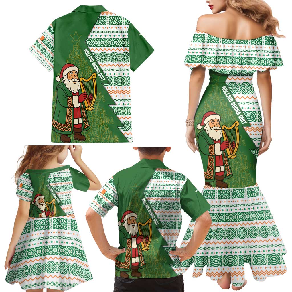 Ireland Christmas Family Matching Mermaid Dress and Hawaiian Shirt with Celtic Harp Santa and Green Holiday Pattern - Wonder Print Shop