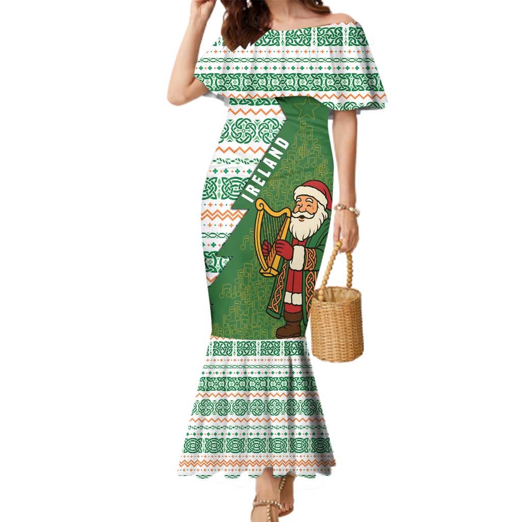 Ireland Christmas Family Matching Mermaid Dress and Hawaiian Shirt with Celtic Harp Santa and Green Holiday Pattern - Wonder Print Shop