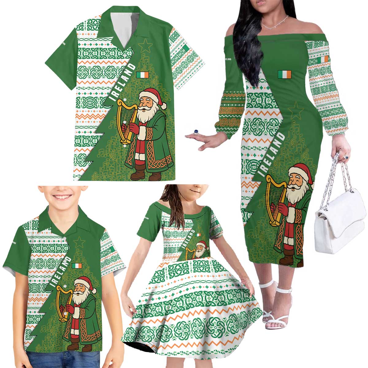 Ireland Christmas Family Matching Off The Shoulder Long Sleeve Dress and Hawaiian Shirt with Celtic Harp Santa and Green Holiday Pattern - Wonder Print Shop