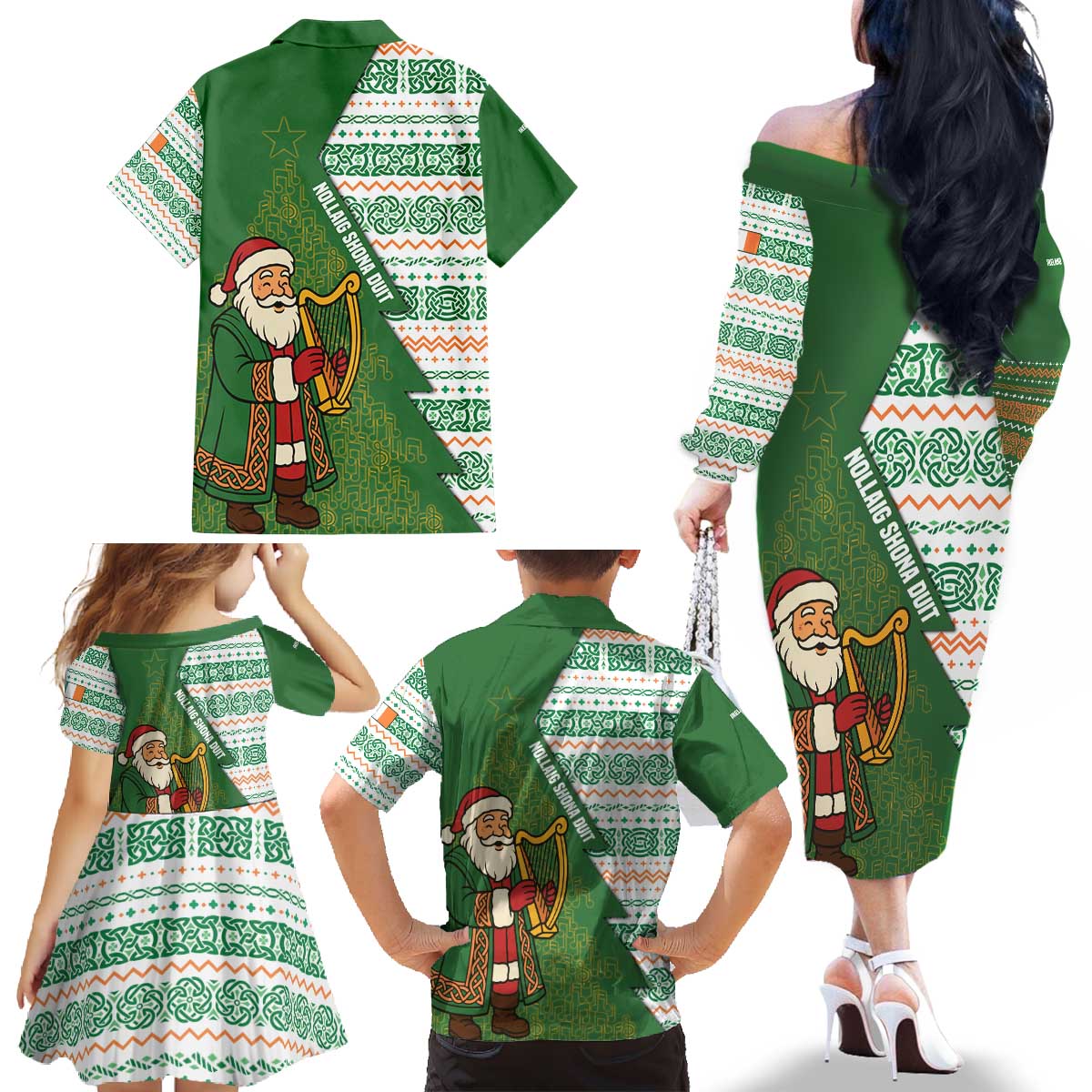 Ireland Christmas Family Matching Off The Shoulder Long Sleeve Dress and Hawaiian Shirt with Celtic Harp Santa and Green Holiday Pattern - Wonder Print Shop