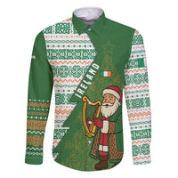 Ireland Christmas Family Matching Off The Shoulder Long Sleeve Dress and Hawaiian Shirt with Celtic Harp Santa and Green Holiday Pattern - Wonder Print Shop