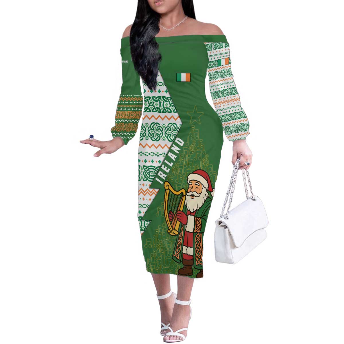 Ireland Christmas Family Matching Off The Shoulder Long Sleeve Dress and Hawaiian Shirt with Celtic Harp Santa and Green Holiday Pattern - Wonder Print Shop