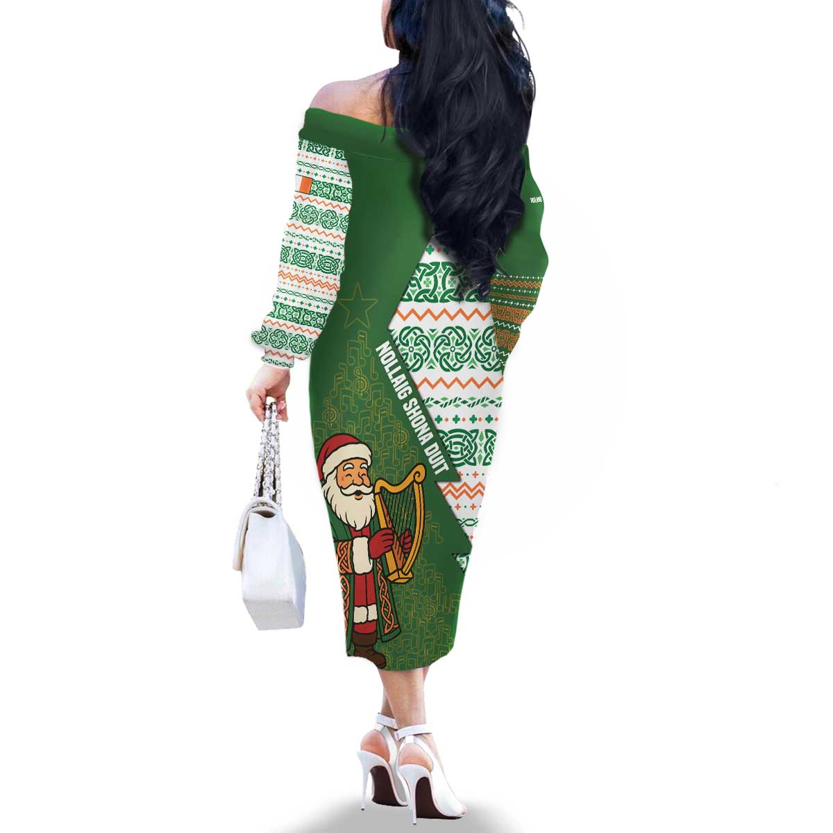 Ireland Christmas Family Matching Off The Shoulder Long Sleeve Dress and Hawaiian Shirt with Celtic Harp Santa and Green Holiday Pattern - Wonder Print Shop