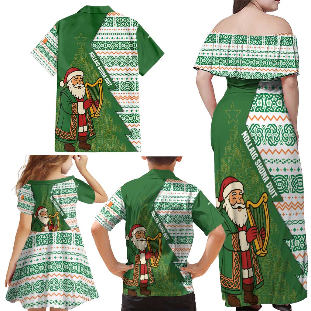Ireland Christmas Family Matching Off Shoulder Maxi Dress and Hawaiian Shirt with Celtic Harp Santa and Green Holiday Pattern - Wonder Print Shop