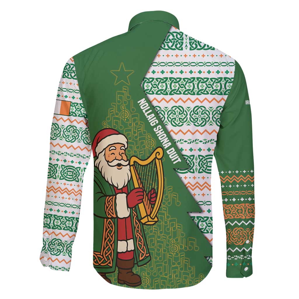 Ireland Christmas Family Matching Off Shoulder Maxi Dress and Hawaiian Shirt with Celtic Harp Santa and Green Holiday Pattern - Wonder Print Shop
