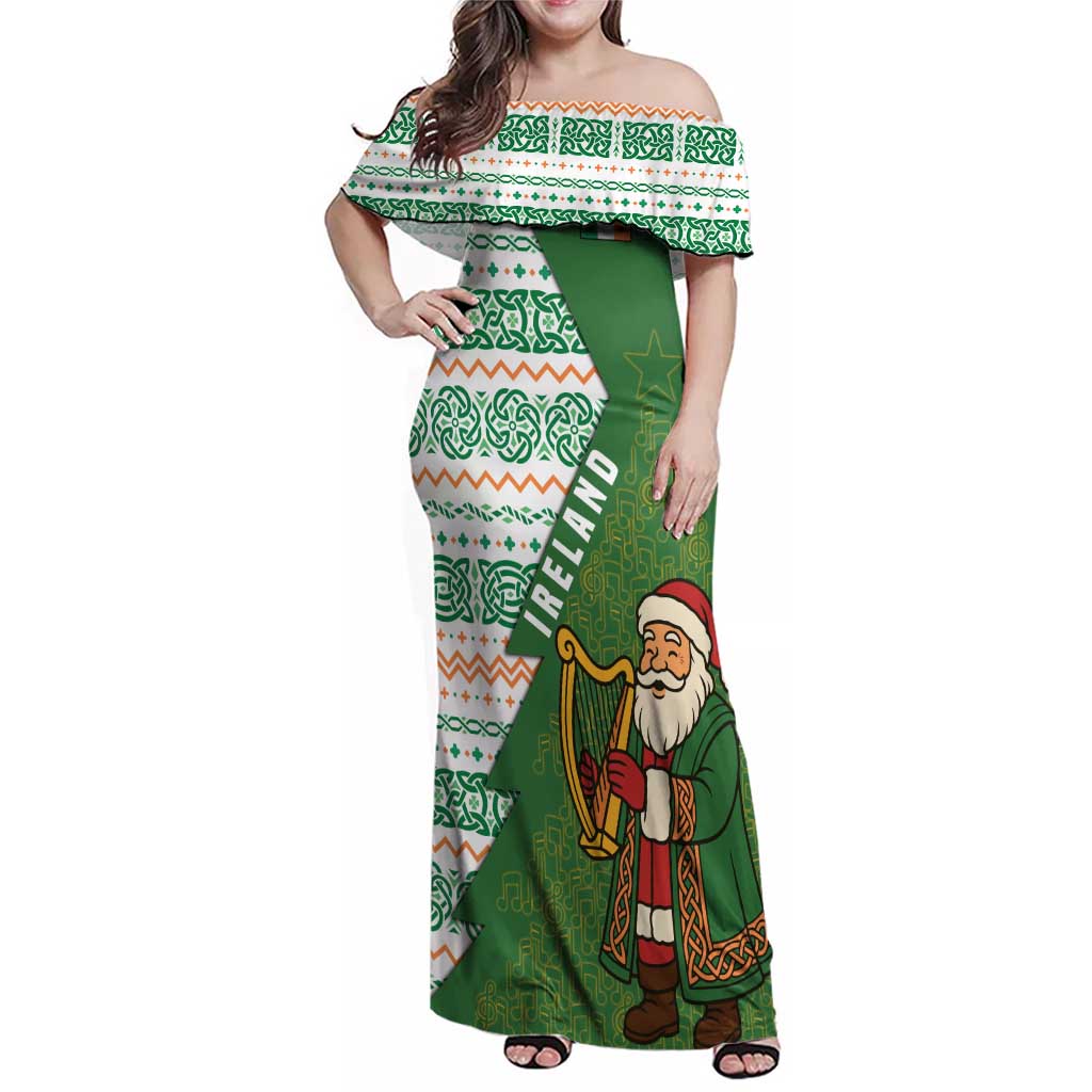 Ireland Christmas Family Matching Off Shoulder Maxi Dress and Hawaiian Shirt with Celtic Harp Santa and Green Holiday Pattern - Wonder Print Shop