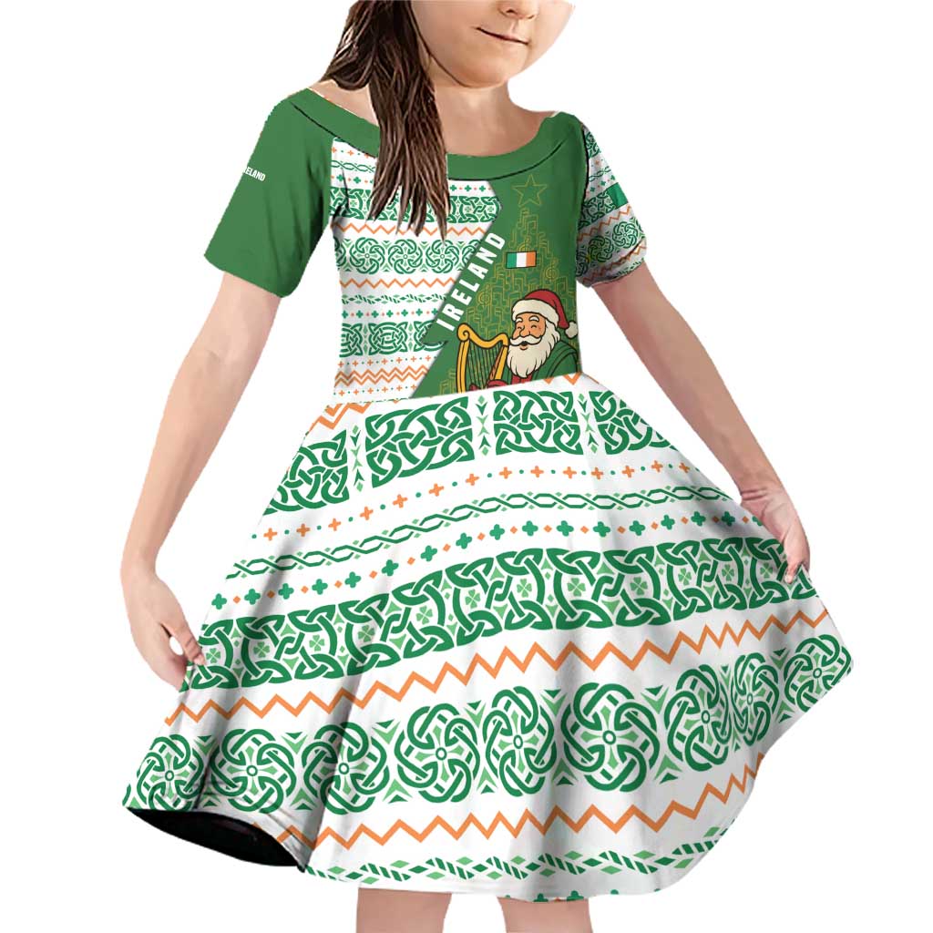 Ireland Christmas Family Matching Off Shoulder Short Dress and Hawaiian Shirt with Celtic Harp Santa and Green Holiday Pattern - Wonder Print Shop
