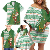 Ireland Christmas Family Matching Off Shoulder Short Dress and Hawaiian Shirt with Celtic Harp Santa and Green Holiday Pattern - Wonder Print Shop