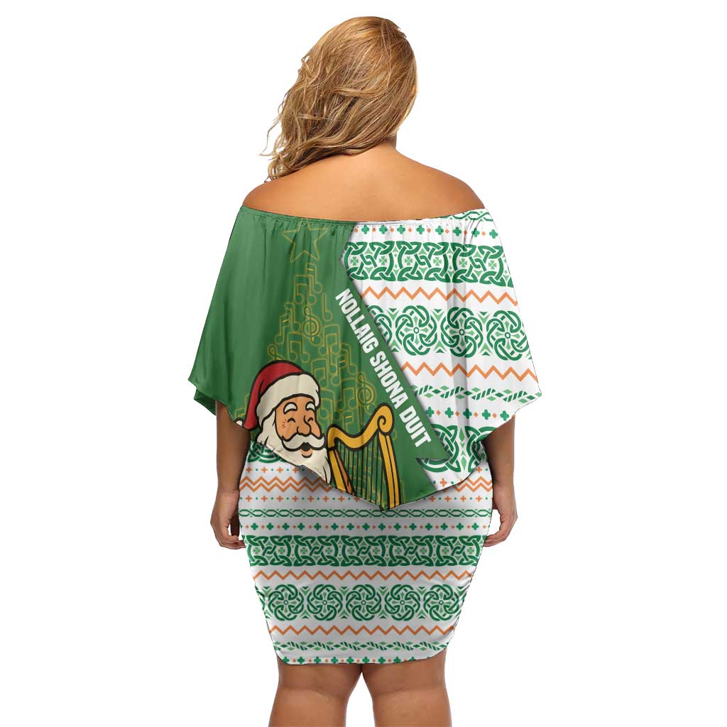 Ireland Christmas Family Matching Off Shoulder Short Dress and Hawaiian Shirt with Celtic Harp Santa and Green Holiday Pattern - Wonder Print Shop