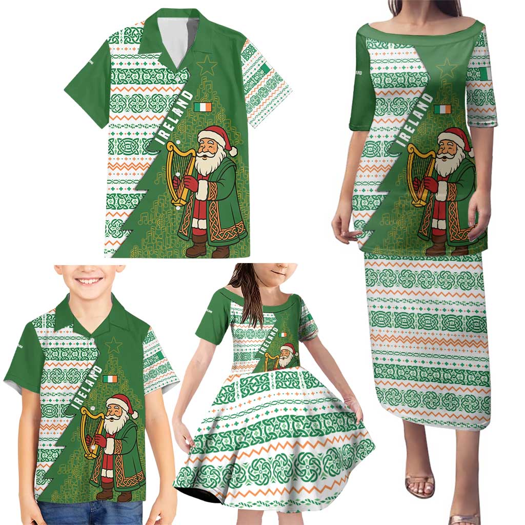 Ireland Christmas Family Matching Puletasi and Hawaiian Shirt with Celtic Harp Santa and Green Holiday Pattern - Wonder Print Shop